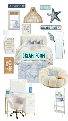 a bedroom with blue and white decor on the walls