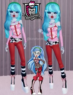 two dolls with blue hair and red pants are standing in front of a wooden wall