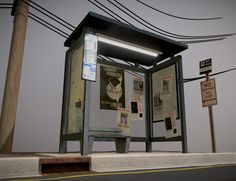 a telephone booth sitting on the side of a road next to power lines and street signs