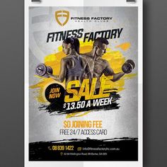 a flyer for a fitness factory sale with two women lifting dumbbells in front of them