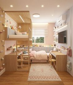 a child's bedroom with bunk beds and desks