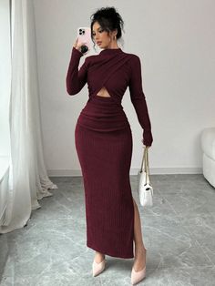 Women Stand Collar Long Sleeve Hollow Out Casual Split Hem Midi Dress Burgundy Elegant  Long Sleeve Knitted Fabric Plain Fitted Slight Stretch  Women Clothing, size features are:Bust: ,Length: ,Sleeve Length: