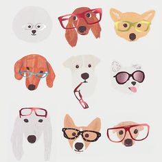 a group of dogs wearing glasses on top of a white surface with different shapes and sizes