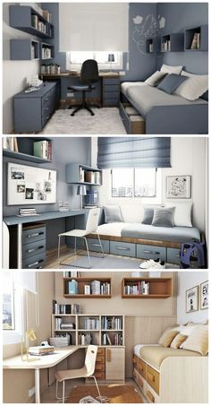 three different pictures of a bedroom with bookshelves and desks