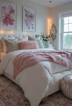 a bedroom with pink and white decor in it