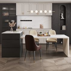 a modern kitchen with white cabinets and marble counter tops, along with wooden flooring