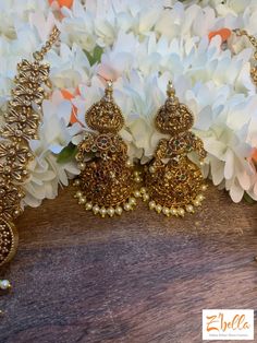 Long necklace with Lakshmi pendent , with jhumka Luxury Chandbali Temple Necklace For Festivals, Luxury Temple Jewelry Style Chandbalis, Gold Gold, Gold Material, Long Necklace, Gold Necklace, Gold Plate, Plating, Gold