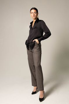 Description: These uber-stylish and power-packed women's straight-leg trousers are comfortable to wear and made for everyday office wear. Plus, they come with pockets! Made with 100% virgin wool, these pants define convenience and luxury. These pants are made to fit the true size and retain their structure over a period of time (follow cleaning instructions). These straight-leg women's trousers can be paired with blouses and tops to create multiple looks. These pants are high-quality, mid-weight Travel Pants Women, Black Silk Shirt, Womens Straight Leg Pants, Women Trousers, Travel Clothes Women, Blouses And Tops, Professional Wear, Travel Dress, Silk Charmeuse