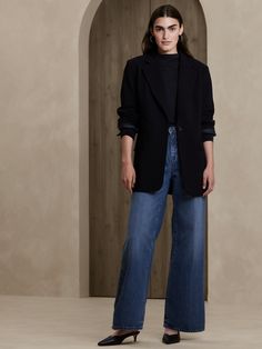 Luxe High-Rise Wide-Leg Jean | Banana Republic Factory Classic Washed Jeans For Workwear, Classic Washed Jeans For Work, Recycled Denim Jeans For Fall Workwear, Classic Washed Blue Jeans For Work, Outfits With Wide Leg Jeans, Wide Leg Jeans Winter, Jeans Blazer Outfit, Outfits For The Cold, Jeans Outfit For Work