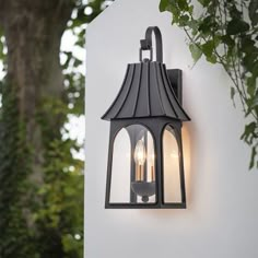 an outdoor wall light with two lights on the front and side of it, next to a tree