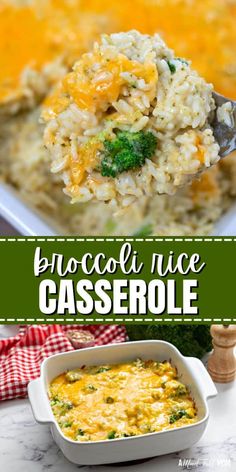 broccoli rice casserole in a white dish with a spoon