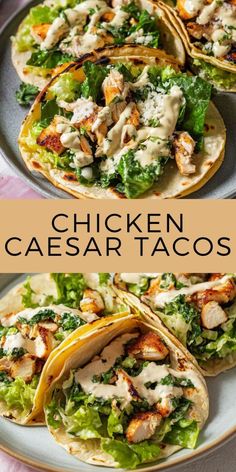 chicken caesar tacos on a plate with lettuce