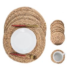 there is a place setting made out of jute and rope with gold trimmings