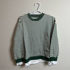 Cali Be New T-Shirt Hem Striped Sweatshirt Pullover Crewneck Grey White 99% Cotton 1% Spandex Dark Green/White Stripe Size M Crew Neck Tops With Striped Hem, Crew Neck Tops With Striped Hem For Layering, White Tops With Striped Hem For Fall, White Long Sleeve Top With Striped Hem, White Crew Neck Sweatshirt For Layering, Trendy White Tops With Striped Hem, White Relaxed Fit Top With Striped Hem, White Cotton Sweatshirt For Layering, White Sweatshirt For Layering