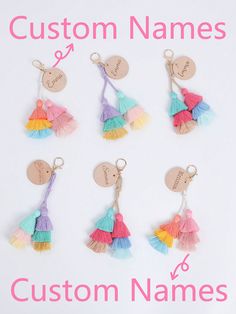 personalized keychains with tassels and name tags are shown on a white background