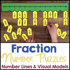 fraction number lines and visual models with the word fraction on it, in front of a wooden