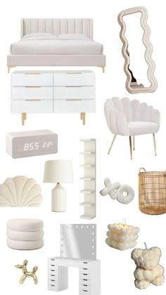 white furniture and accessories are arranged on a white background