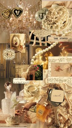 a collage of photos with pearls and other things on it, including jewelry, perfume bottles