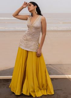 Ivory and Mustard Kalidar Palazzo With Embroidered Butti Dupatta Ease - Fabilicious Fashion Sleeveless Kurtis For Women, Kurti Back Designs Latest, Kurta Palazzo Designs, Kurta Set Designs Women, Sleeveless Kurti Designs, Palazzo Outfits, Kurta Tops, Palazzo Kurta, Sheer Dupatta