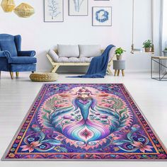 a living room filled with furniture and pictures on the wall above it's colorful area rug