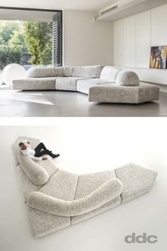 two pictures of a couch and the same one has a person laying down on it