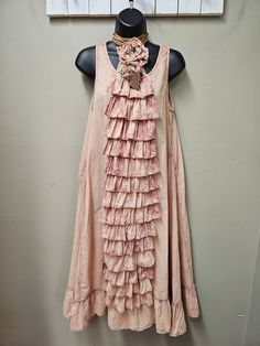 Beautiful and romantic pink dress with ruffles down the front and on the bottom . Sleeveless with a mineral washed look. Pockets . Cotton Hand Wash, Hang Dry Remake Clothes, Boho Chic Accessories, Bandana Dress, Sewing Patterns Free Women, Pink Ruffle Dress, Upcycled Dress, Shabby Chic Boho, Creative Clothes, Cottagecore Style