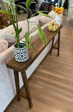 two plants are sitting on a wooden table in front of a white couch and coffee table