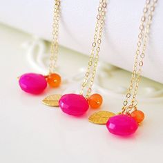 Hot Pink Bridesmaid Necklaces, Fuchsia Chalcedony, Orange Carnelian Gemstone, Gold Vermeil Leaf, Wed Pink Gemstone Beads Necklace For Wedding, Pink Birthstone Necklaces For Wedding, Pink Birthstone Necklace For Wedding, Hot Pink Bridesmaids, Bridesmaid Necklaces, Happy Colours, Orange Carnelian, Pink Chalcedony, After The Wedding