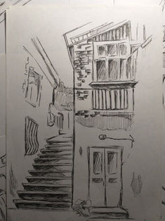 a drawing of stairs leading up to a building