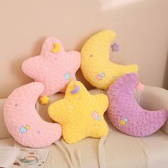 Experience celestial comfort with our Kawaii Moon & Star Plushie Pillows. These kawaii pillows are shaped like charming moons and stars, adding a touch of enchantment to your space. Available in a variety of colors, these kawaii pillows are not only soft and huggable but also a delightful decorative addition to your room. Whether you're looking to enhance your lounging experience or create a whimsical atmosphere, our Moon & Star Plushie Pillows are the perfect choice. Embrace the magic of the ni Kawaii Pillows, Kawaii Moon, Kawaii Pillow, Shaped Pillows, Star Pillow, Moons And Stars, Cute Bedroom Decor, Pink Moon, Fun Crochet Projects