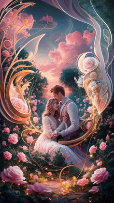 a painting of a couple kissing in the middle of roses with swirls around them