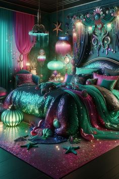 a bedroom decorated in green, pink and purple colors