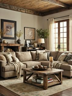 a living room filled with lots of furniture next to a fire place in a fireplace