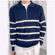 New Without Tags. Super Soft Navy Blue And White Striped 1/4 Zip Pullover Sweater. 60% Cotton, 40% Polyester. Machine Washable. Zipper Sweater, Men Stylish Dress, Guys Clothing Styles, Mens Outfit Inspiration, Loose Long Sleeve, Zippered Sweater, Cool Outfits For Men, Long Sleeve Knit Sweaters, Outfits For Men