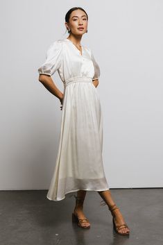 V-Neck Satin Midi Dress in Cream | böhme Cheap Formal Midi Dress With Buttons, Cheap Beige Short Sleeve Midi Dress, Midi Creme Wrap Fall Dress, Cheap Cream Dresses For Fall, Cheap Beige Midi Dress For Brunch, Cheap Cream Dress For Fall, Cheap Beige Midi Dress For Day Out, Cheap Cream Dresses, Cheap Flowy Beige Midi Dress