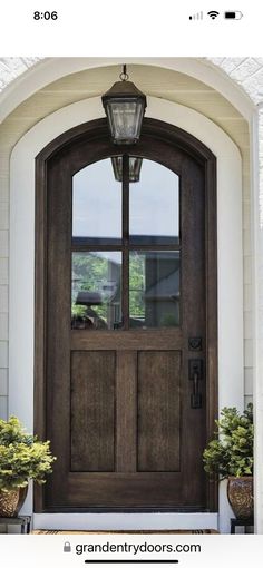 a front door with two potted plants on the steps and a lantern hanging above it