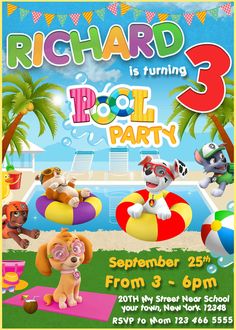 a pool party flyer with cartoon animals