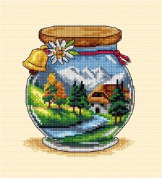 a cross stitch pattern with a glass jar filled with water and houses in the background