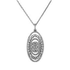 NECKLACE DETAILS: Colorless Diamonds, With no visible inclusions to the unaided eye. STONES: 2.17ct - 133pcs -  Round Diamonds DIAMOND COLOR:  G-H DIAMOND CLARITY: SI2-SI3 DIAMOND CUT:  Very Good SETTING: Prong - Pave Set  PENDANT SHAPE: Oval PENDANT DIMENSION: 30mm H x 16mm W  PENDANT DROP LENGTH: 36mm WEIGHT OF GOLD: 2.58g - 14K White Gold - ("585" Metal Stamp) NECKLACE LENGTH: 16" Inches *All gemstone carat weights (ct. t.w.), if mentioned, are approximate; variance may be .05 carat REGARDING MY CLOSEOUT ITEMS: Items on the closeout category will show inventory levels and the special price. Closeout pricing is good only for available inventory and we cannot accept special orders.  My closeout items are new unless otherwise stated.   This Item is ready to ship. Placing your order in full Timeless Oval Jewelry For Evening, Formal Oval Pendant Diamond Necklace With Single Cut Diamonds, Elegant Oval Diamond Necklace With 17 Jewels, Oval Cubic Zirconia Evening Jewelry, Luxury Silver Diamond Necklace With Oval Pendant, Formal Diamond Necklace With Oval Pendant, Elegant Oval Pendant Diamond Necklace, Timeless Oval White Gold Necklace, Formal White Gold Oval Pendant Diamond Necklace