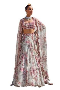 Light grey attached cancan organza lehenga with all-over multi colored floral prints highlighted with 3D embellishments. Comes with 3D floral embellished padded blouse and a printed, scallop-bordered organza dupatta. - Aza Fashions Bohemian Floral Print Choli For Wedding, Fitted Bohemian Anarkali Set For Wedding, Fitted Floral Print Traditional Wear For Reception, Fitted Floral Traditional Wear For Reception, Bohemian Fitted Sharara With Sheer Dupatta, Bohemian Fitted Lehenga For Reception, Bohemian Fitted Lehenga With Cutdana, Bohemian Fitted Anarkali Set With Sheer Dupatta, Bohemian Fitted Lehenga With Sheer Dupatta