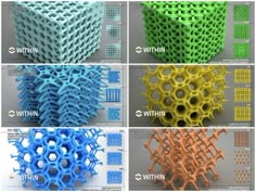 four different types of 3d printing on the same surface, each with different colors and shapes