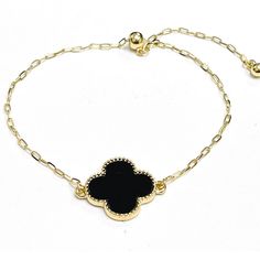 Brand New Gold And Black Metal Clover Chain Bracelet Elegant Black Chain Bracelet With Adjustable Chain, Elegant Black Adjustable Chain Bracelet, Elegant Black Bracelet With Adjustable Chain, Elegant Black Chain Bracelet As Gift, Elegant Black Chain Bracelets, Elegant Black Chain Bracelet, Formal Black Bracelet With Adjustable Chain, Formal Black Metal Chain Bracelet, Chic Black Bracelet Jewelry