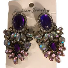 Purple And “Crystal” Stones. Pierced. Nwot. Jewelry Purple, Crystal Stones, Pierced Earrings, Earrings Color, Long Earrings, Earings Piercings, Stones And Crystals, Knee High Boots, High Boots