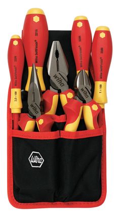 an assortment of tools in a pouch on a white background