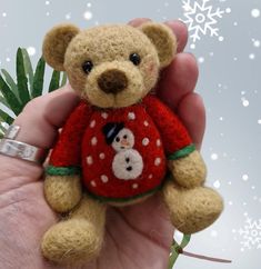 a small teddy bear wearing a red sweater with snowmen on it's chest