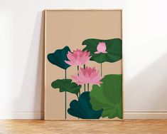 a pink lotus flower with green leaves on a beige background is displayed in an empty room