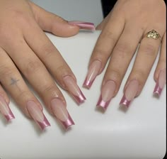 Pink Chrome French Tip Nails Coffin, Fun Valentines Nails Acrylic, Pink Metallic Nail Designs, Matalic Nails Acrylic, Chrome Pink French Tip Nails, Pink Chrome Nails French Tip, Fun Chrome Nails, Metallic Acrylic Nails, Pink Chrome French Tip Nails