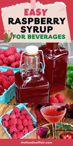 Raspberry syrup in glass jars and a cocktail. How To Make Raspberry Syrup, Raspberry Pancake Syrup, Raspberry Extract Recipes, Raspberry Syrup Recipe For Drinks, Raspberry Simple Syrup Recipe, Raspberry Coffee Syrup, Raspberry Syrup For Pancakes, Raspberry Syrup For Drinks, Raspberry Syrup Recipe