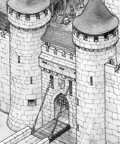 a drawing of a castle with two towers and a ramp leading up to the entrance