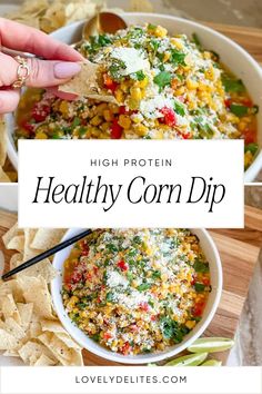 Healthy corn dip with corn, bell pepper and jalapeno Easy Corn Salsa Dip, Party Protein Ideas, Appetizers With Corn, High Protein Thanksgiving Appetizers, Healthy Street Corn Dip, High Protein 4th Of July, Healthy Gameday Appetizers, Lunch Dip Recipes, Healthy Party Appetizers Clean Eating